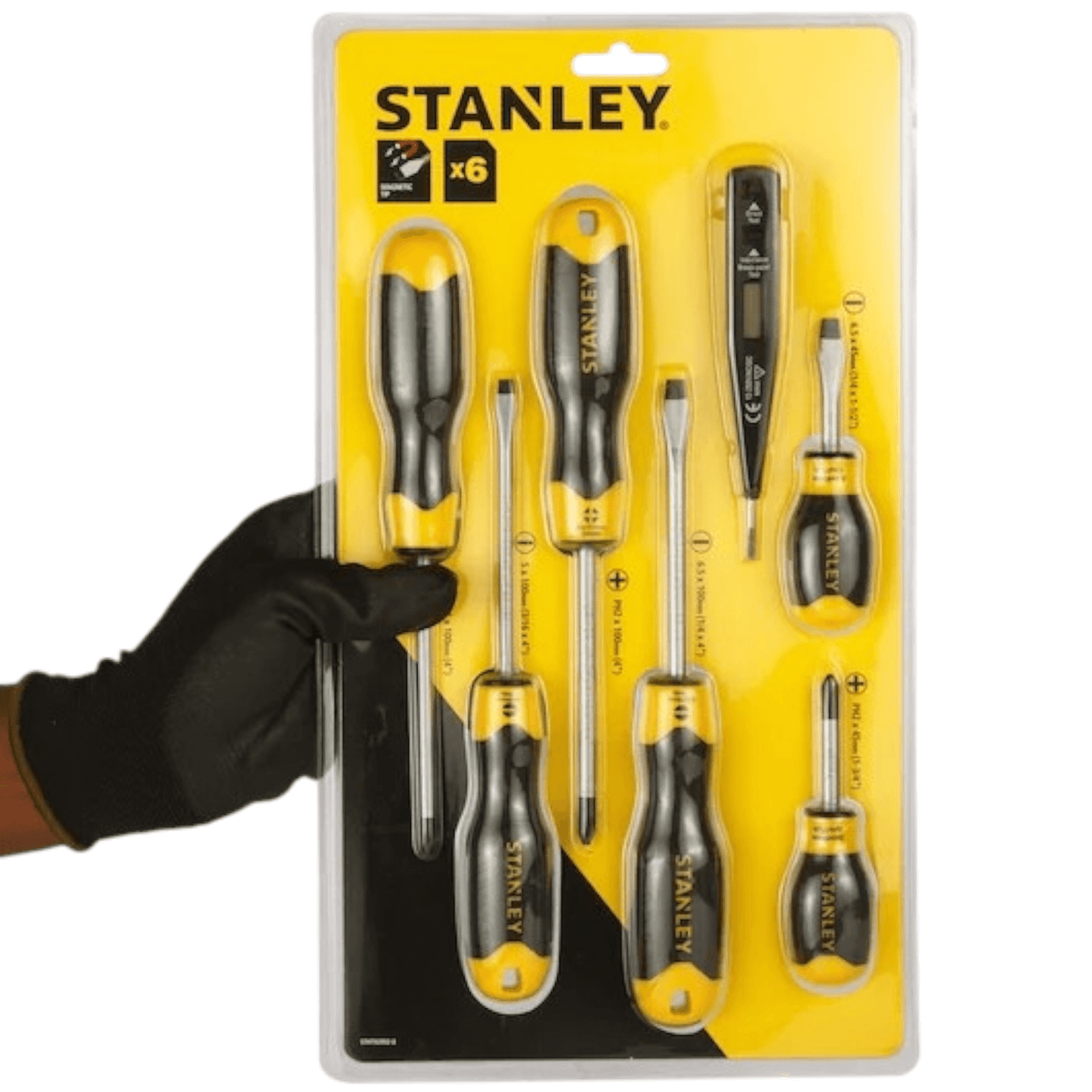 STHT92002-8 6 pcs Combination Screwdriver Set with Bonus Tester (STANLEY) in packaging displayed by a hand