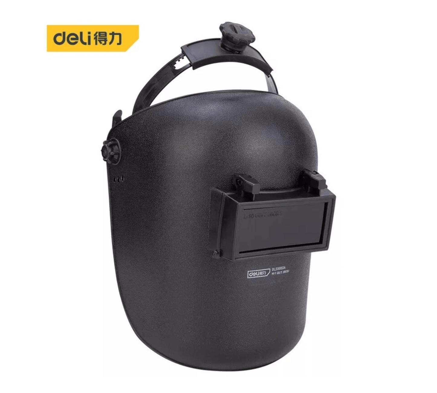 DL23950A WELDING HELMET (DELI) with high-temperature-resistant PP shell and tempered glass lens for protection during welding tasks.