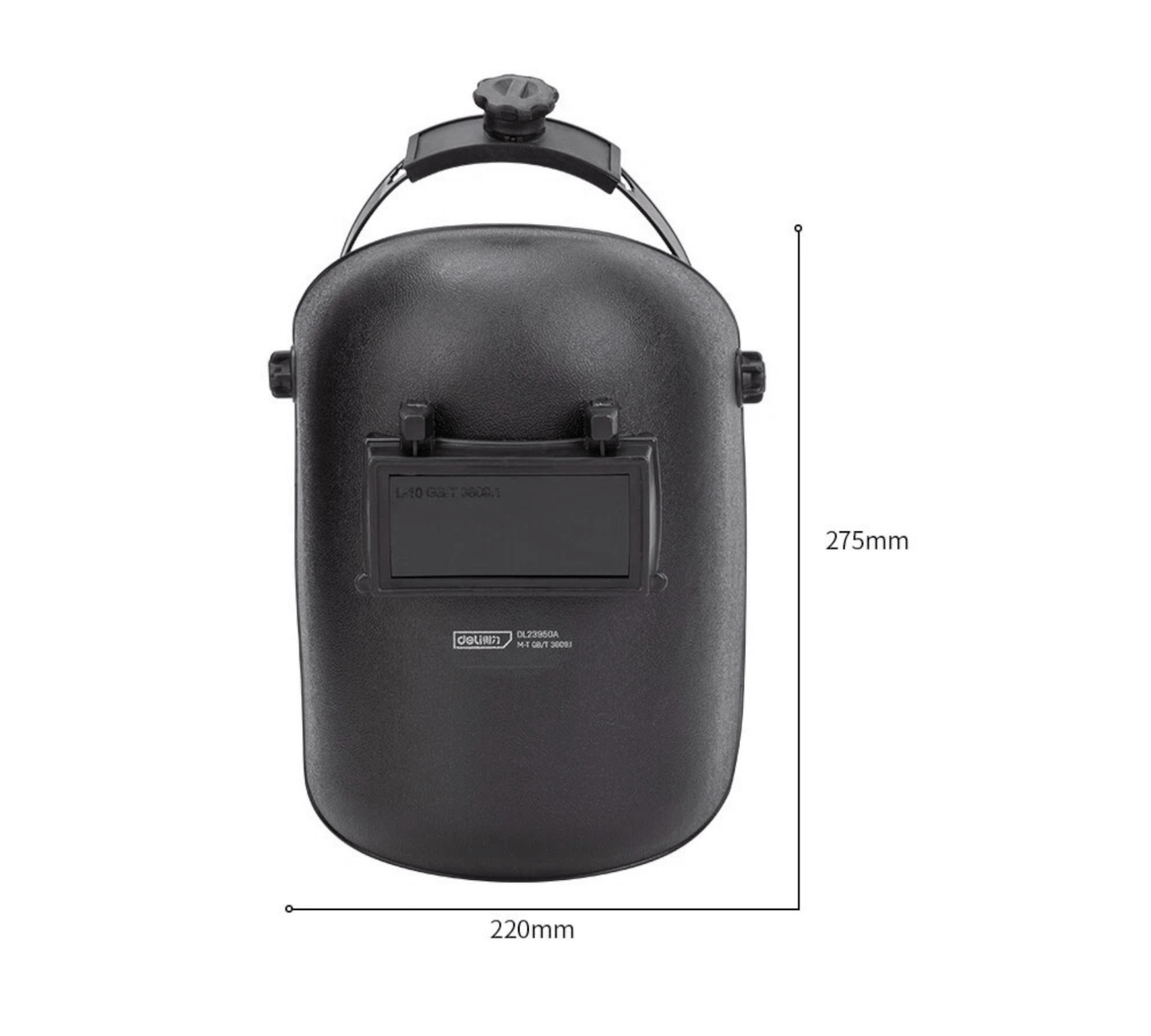 DL23950A WELDING HELMET (DELI) with high-temperature-resistant PP shell and tempered glass lens for electric welding.