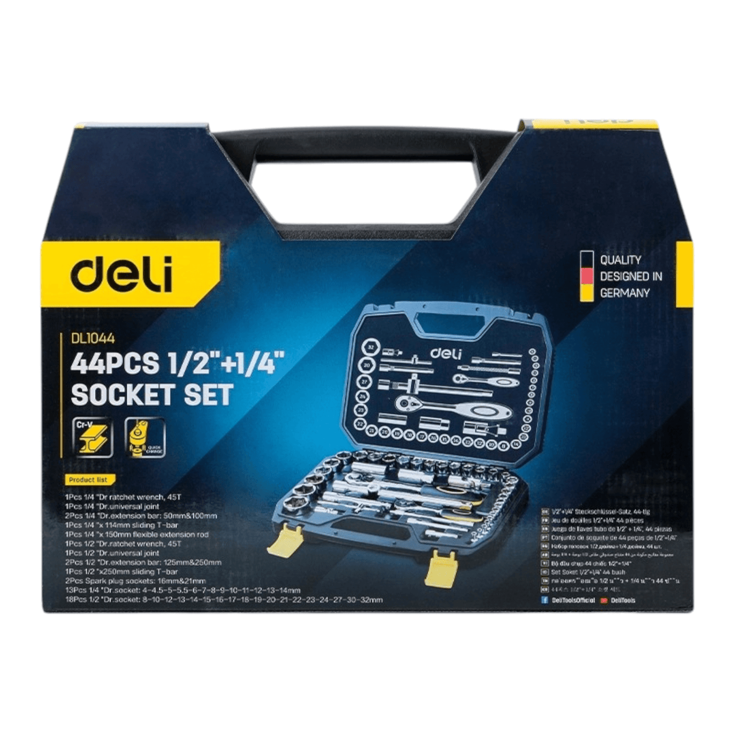 EDL1044 44Pcs 1/2”+1/4” Socket Set Cr-v (DELI) toolkit packaging.