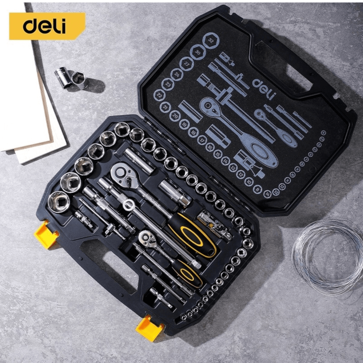 EDL1044 44Pcs 1/2”+1/4” Socket Set Cr-v (DELI) in case, perfect for mechanics and DIY, featuring durable Cr-v steel sockets.