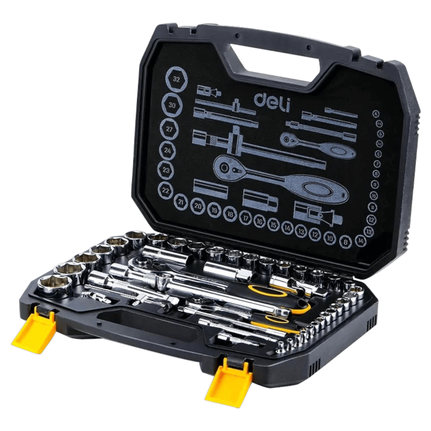EDL1044 44Pcs 1/2”+1/4” Socket Set Cr-v (DELI) toolkit in open case with tools
