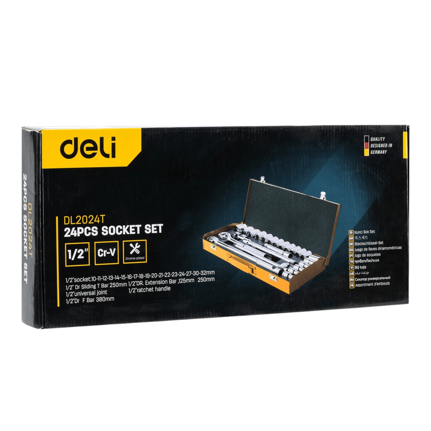 EDL2024T 1/2” 24Pcs Socket Set Cr-v (DELI) in packaging, showing professional-grade tools made from chrome-vanadium steel.