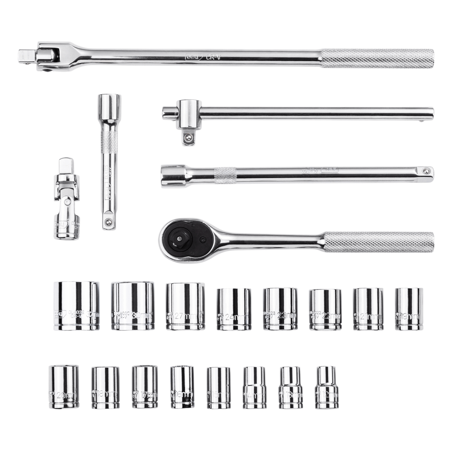 EDL2024T 1/2” 24Pcs Socket Set Cr-v (DELI) professional-grade chrome-vanadium steel toolset for mechanics and DIY enthusiasts.