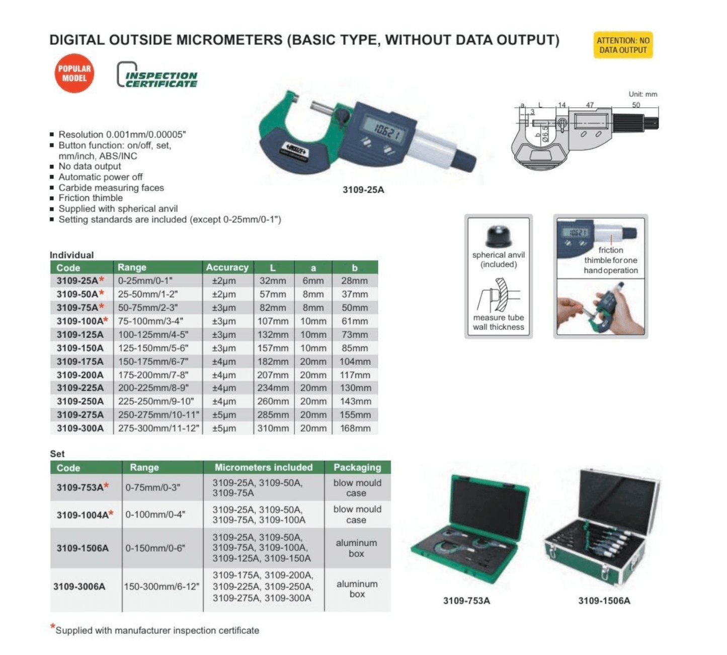 3109-25A Digital Outside Micrometer 0-25mm (INSIZE) diagram and specifications for precision measuring.