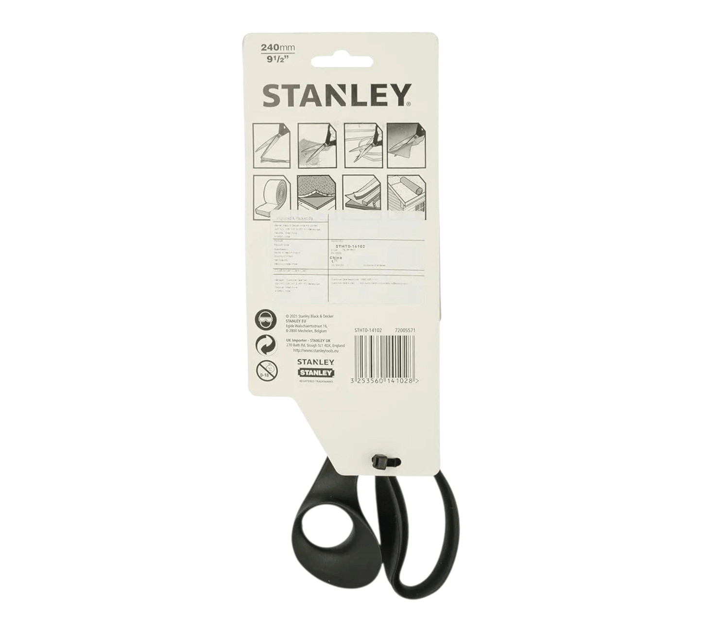 Back view of STHT0-14102 Scissors For All Purpose Use (STANLEY) packaging, showcasing features and care instructions.