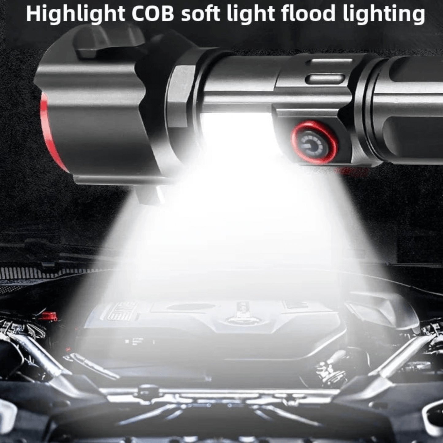 Waterproof Multifunction Laser LED Tactical Flashlight RL-2210 With 1Km Range and 8800mAh Rechargeable Cell demonstrating COB lighting