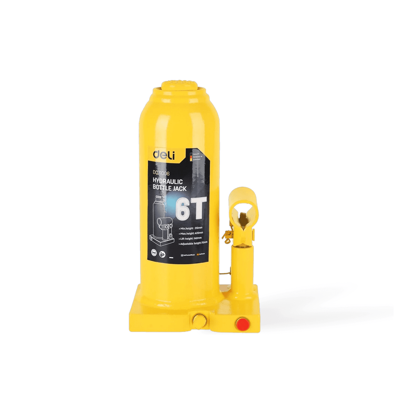 EDQ71004 4T Hydraulic Bottle Jack (DELI) with 4-ton lifting capacity for automotive and industrial use, shown in yellow.