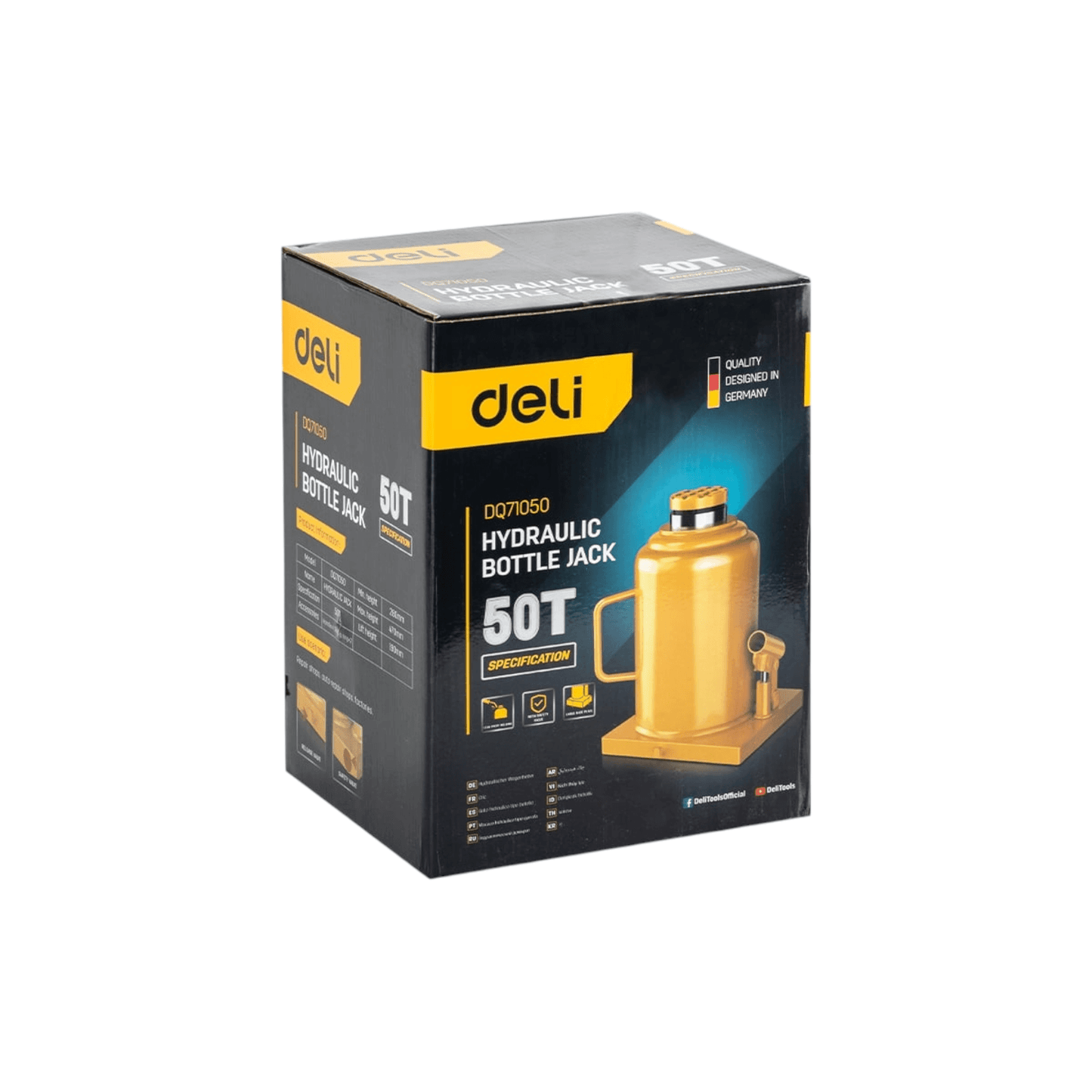 Packaging of EDQ71032 32T Hydraulic Bottle Jack (DELI) for heavy-duty lifting tasks, suitable for automotive and industrial use.