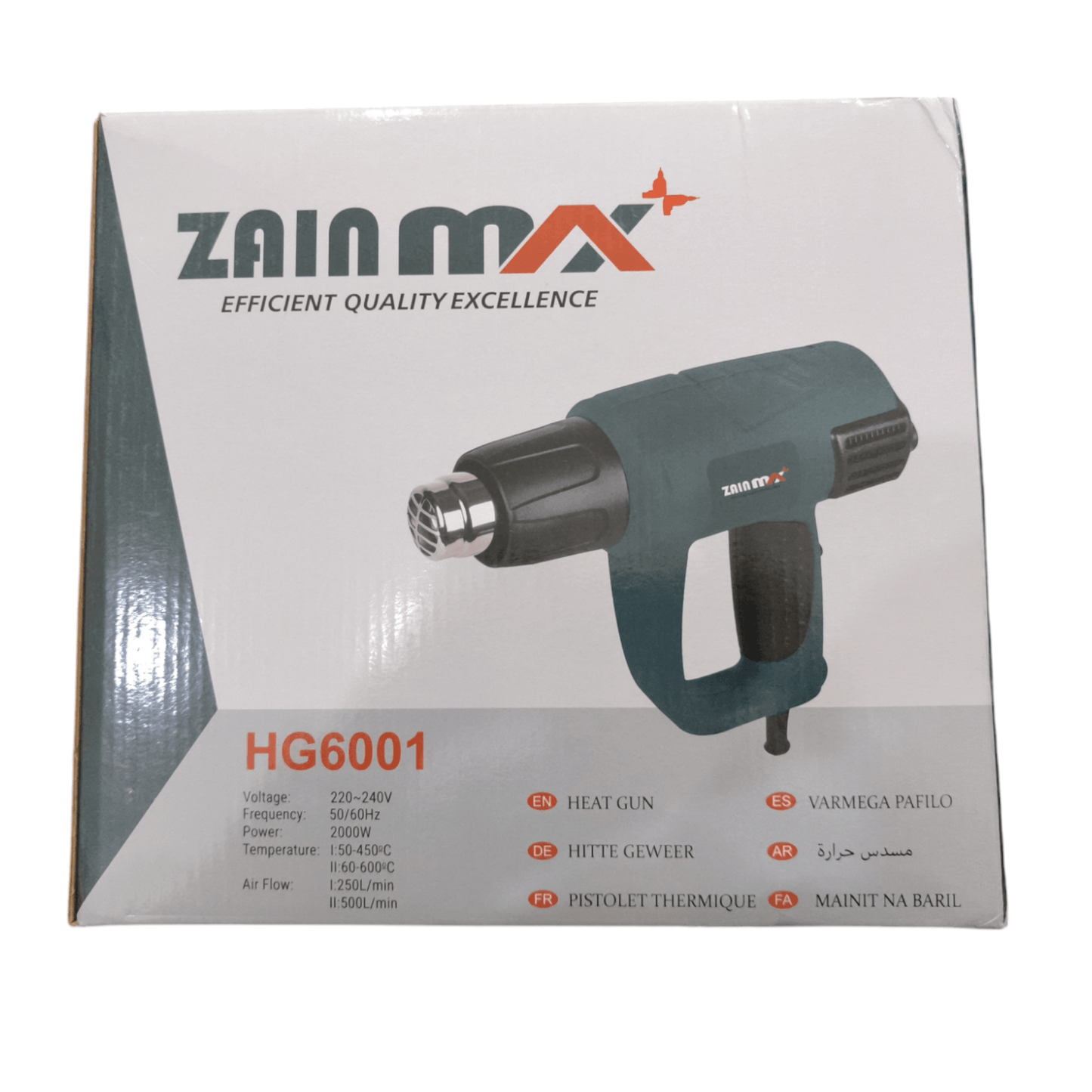 HG6001 Heat Gun 2000W (ZAIN MAX) packaging box showing product image and specifications.