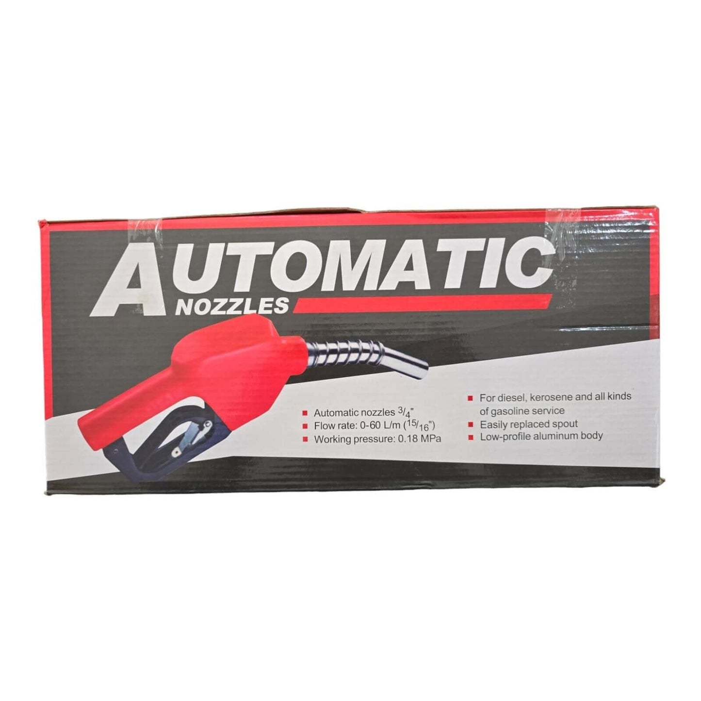 Box of AUTOMATIC NOZZLE 3/4″ featuring red fuel nozzle with specifications for diesel, kerosene, and gasoline refueling applications.