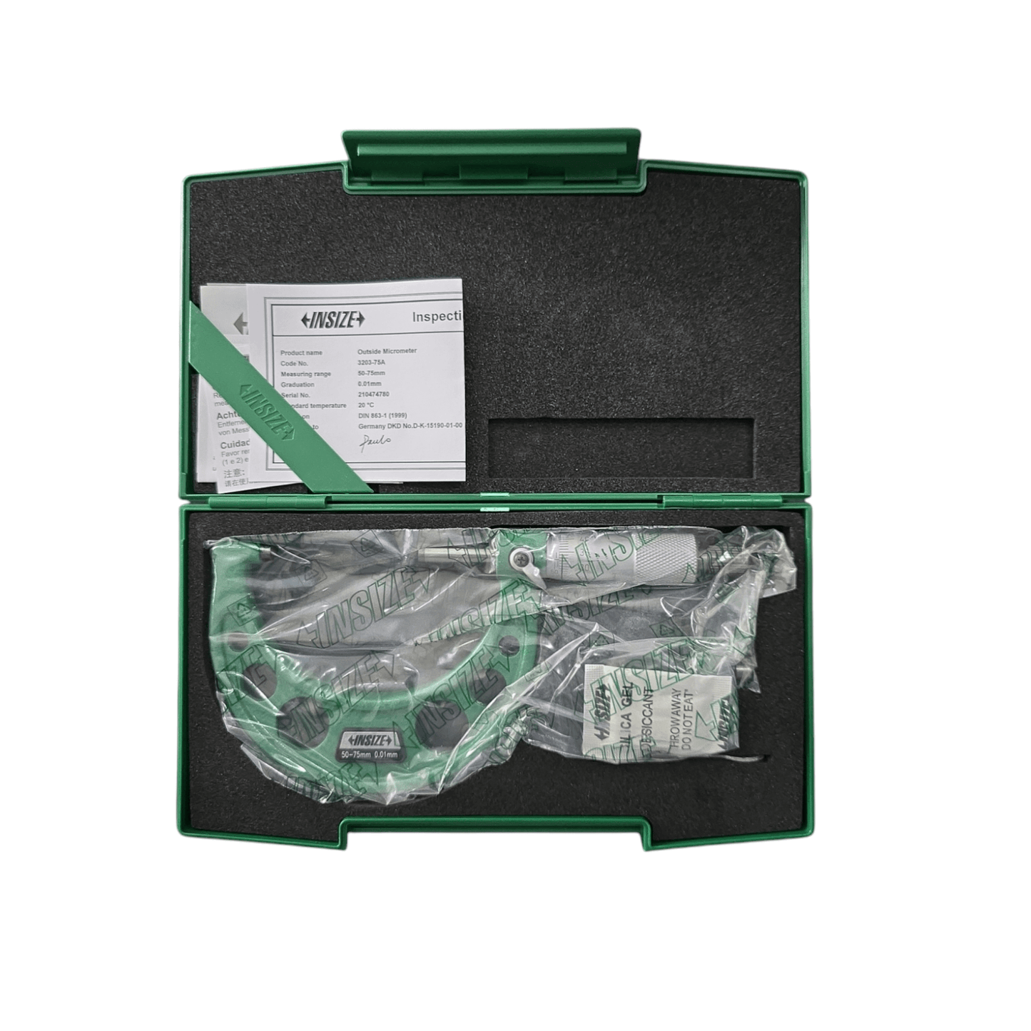 3203-75A Outside Micrometer 50-75×0.01mm (INSIZE) in protective green case, ideal for precision measurement in engineering and machining.