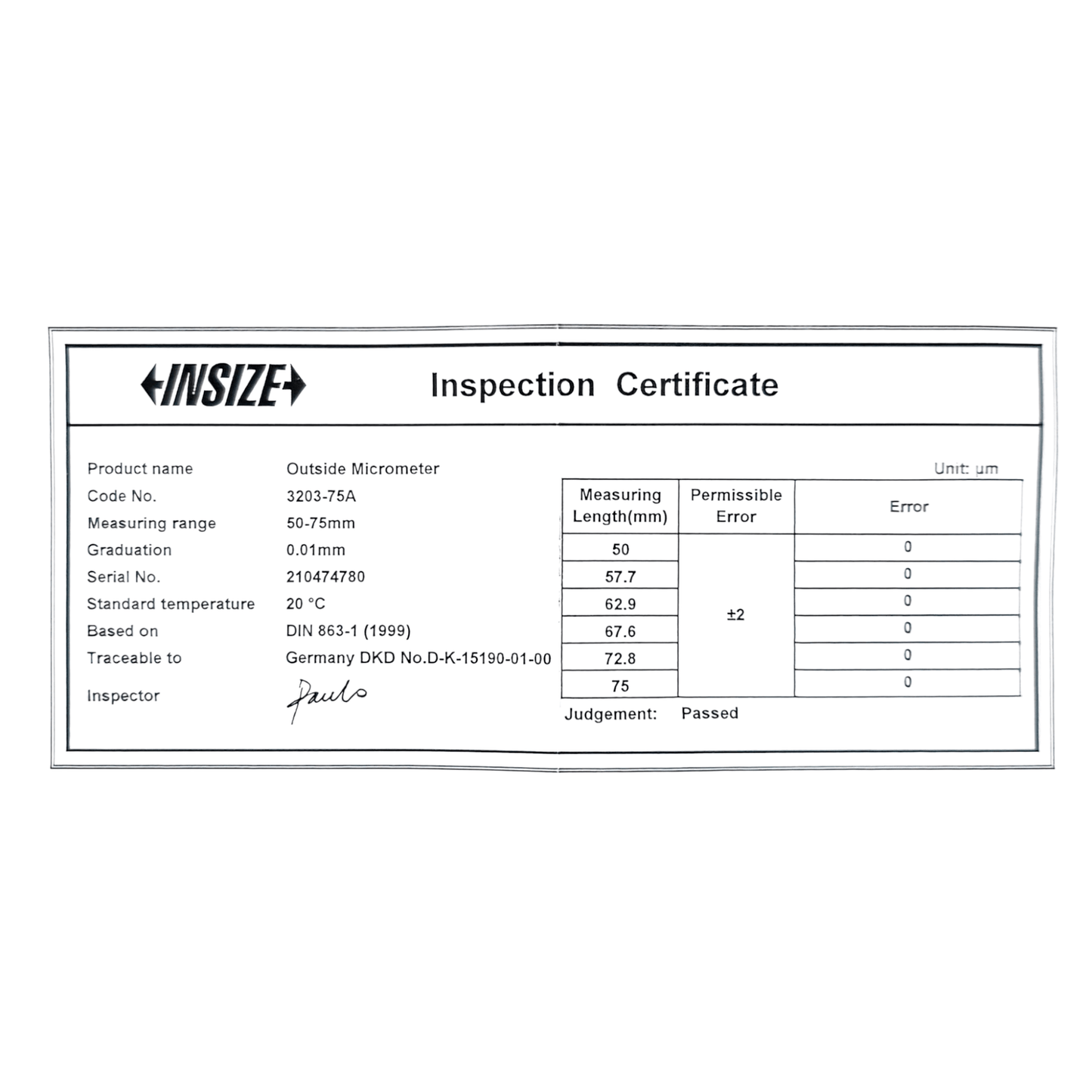 3203-75A Outside Micrometer 50-75×0.01mm (INSIZE) inspection certificate
