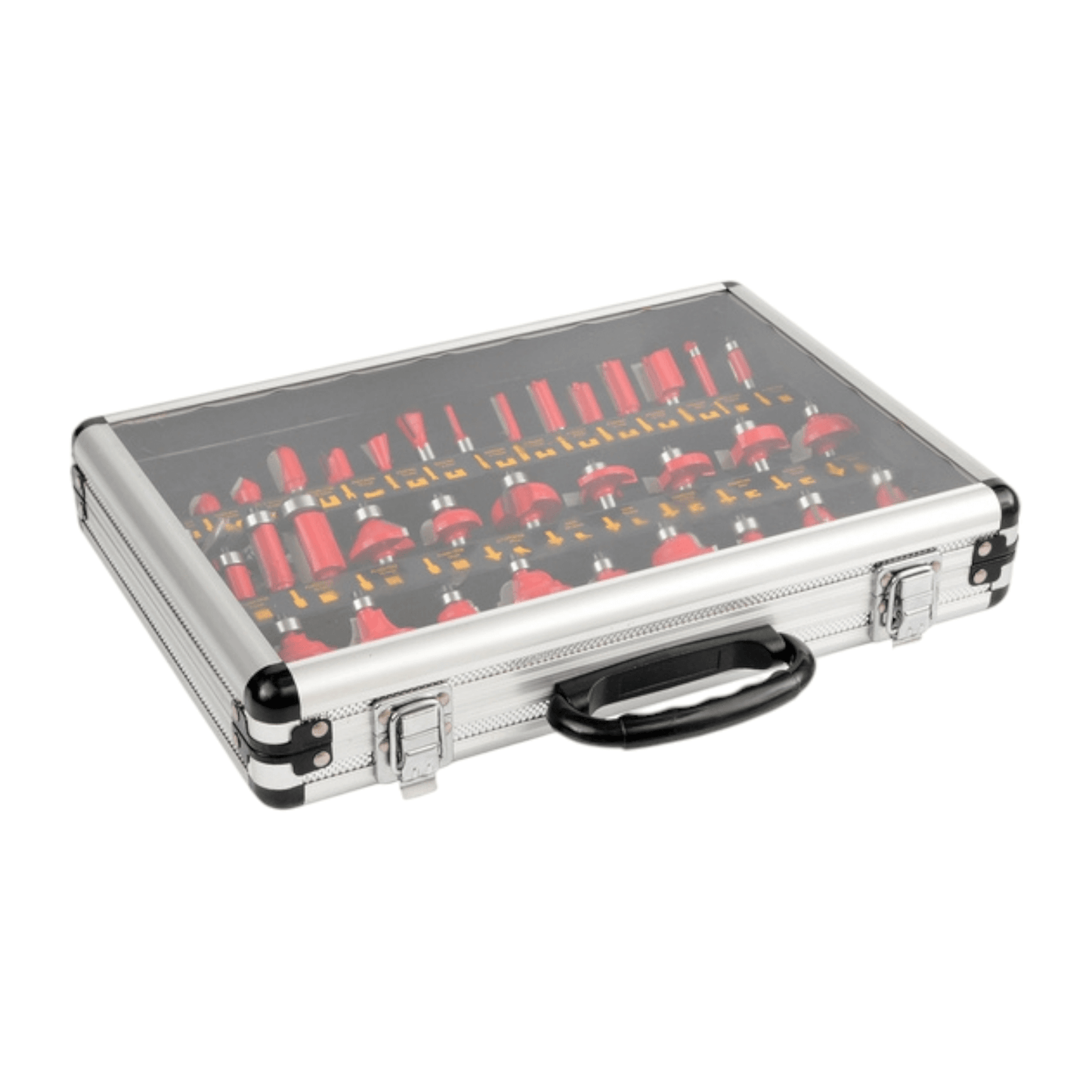 YT-6803 35 Pcs 8mm Wood Router Bit Set with Aluminum Case (YATO) displayed in a robust aluminum carrying case.