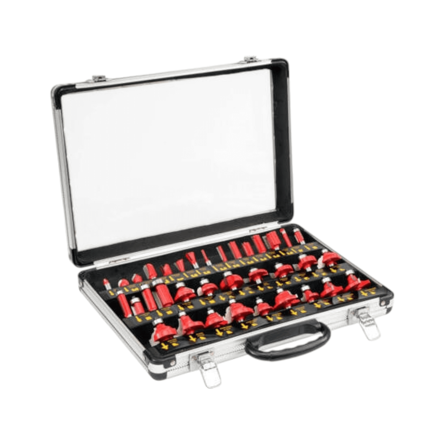 YT-6803 35 Pcs 8mm Wood Router Bit Set with Aluminum Case (YATO) displayed in open case