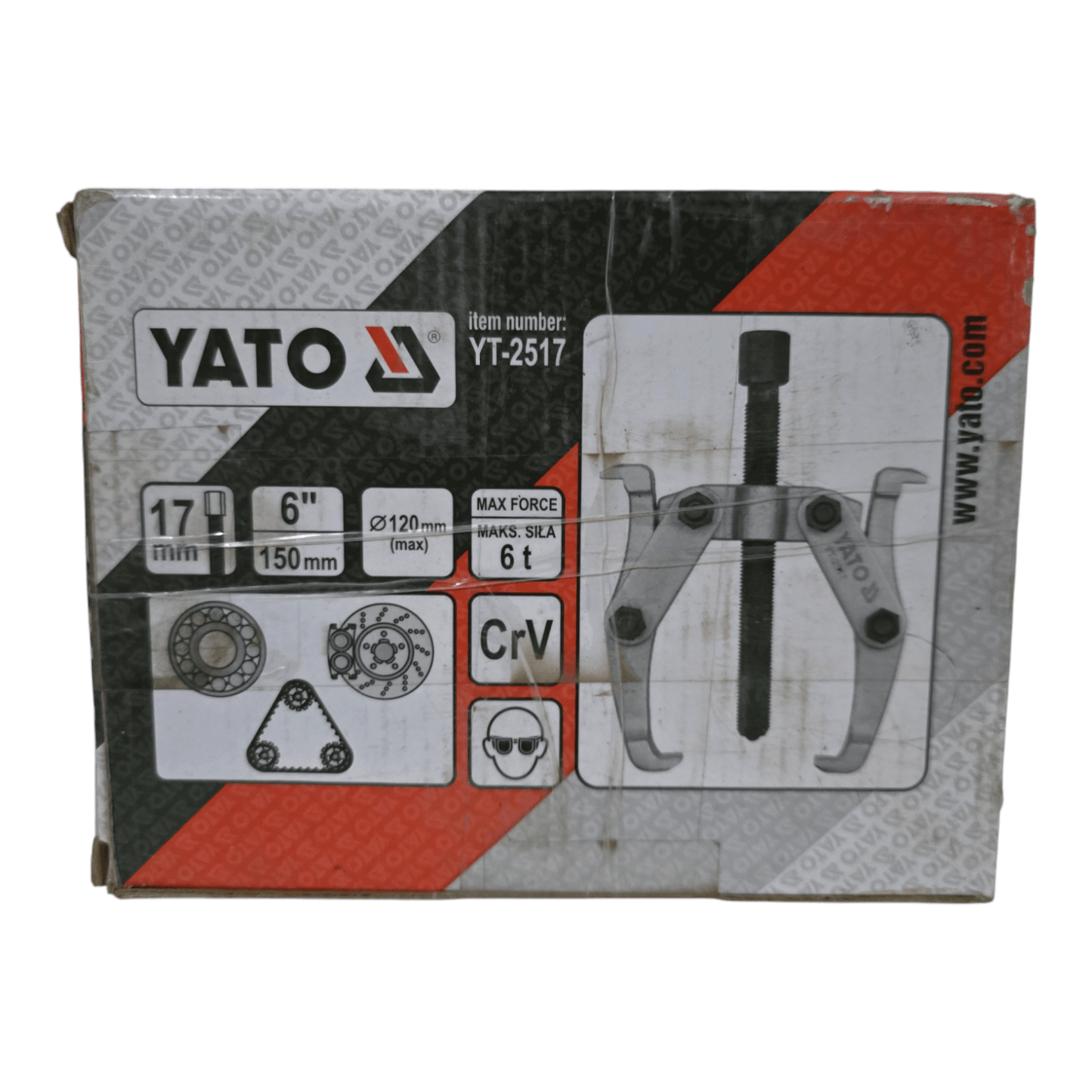 Packaging of YT-2517 Bearing Puller 6″ (YATO), showcasing tool specifications and features for precise bearing removal.