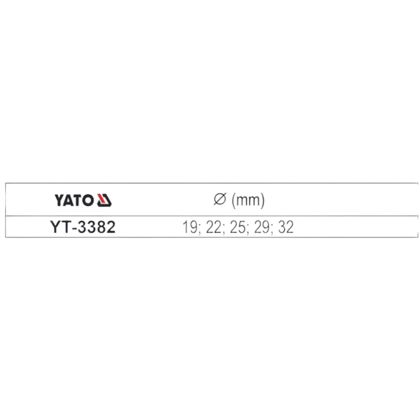 YATO YT-3382 Automotive Hole Saw Kit size chart, includes diameters 19mm, 22mm, 25mm, 29mm, 32mm
