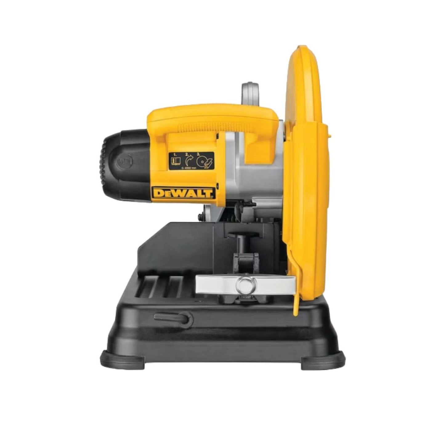 Side view of DeWalt CHOP SAW 355MM D28730 for metal cutting, featuring a 2300W motor in professional workshops and job sites.