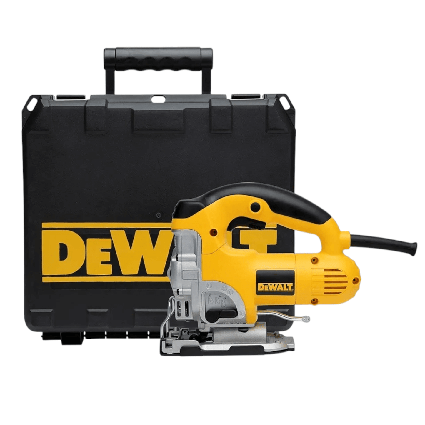 DW331K-B5 High Performance Jigsaw (DEWALT) with carrying case for woodworking, metal, and plastic cutting.