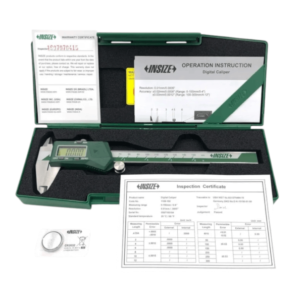 INSIZE Digital Vernier Caliper 6″ 1108-150 with case, LCD, and instruction manual for precise measurements.
