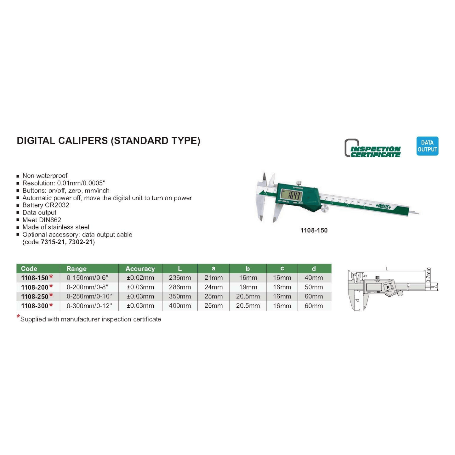 Digital Vernier Caliper 6″ 1108-150(INSIZE) with LCD display shown on product specification page
