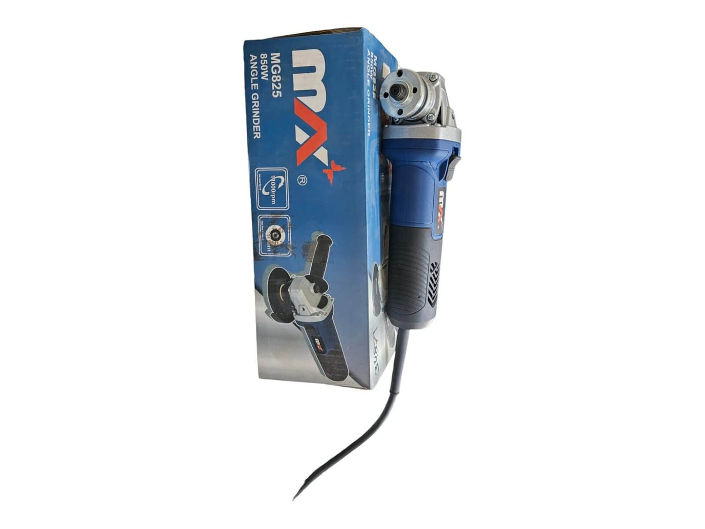 MAX Angle Grinder MG825 – 5 INCH with packaging, ideal for cutting, grinding, polishing metal, concrete, and stone.