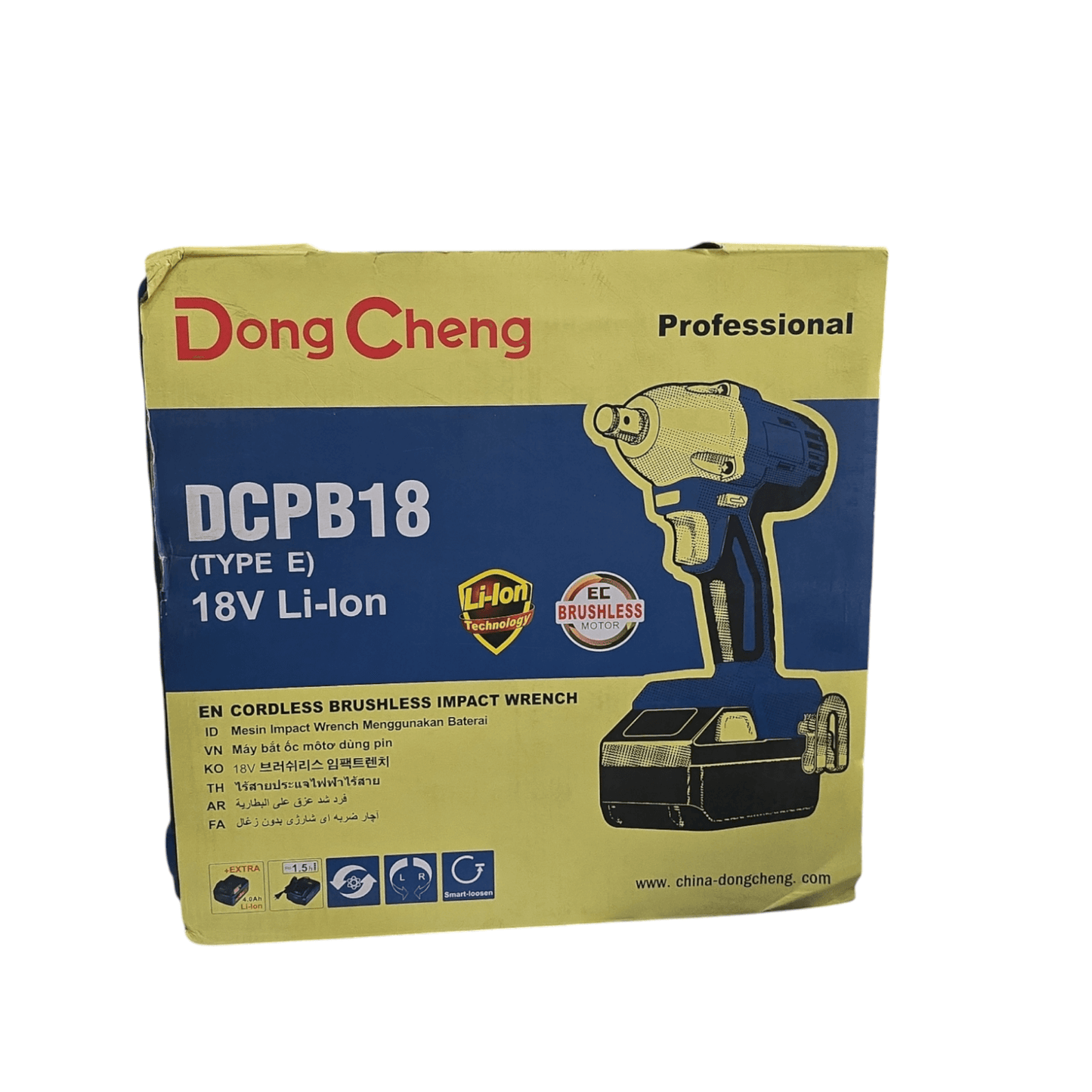 Packaging of DCPB18E Cordless Impact Wrench 300N.m – 18V (DONG CHENG) showing product features.