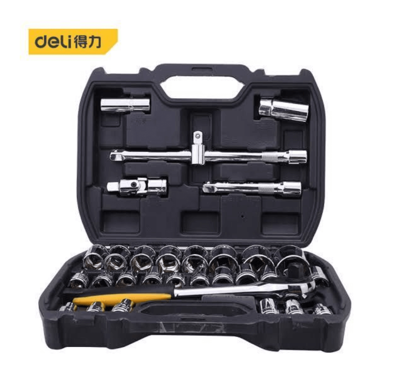 DL1032 1/2” 32Pcs Socket Set Cr-v (DELI) in open black case showing sockets and accessories