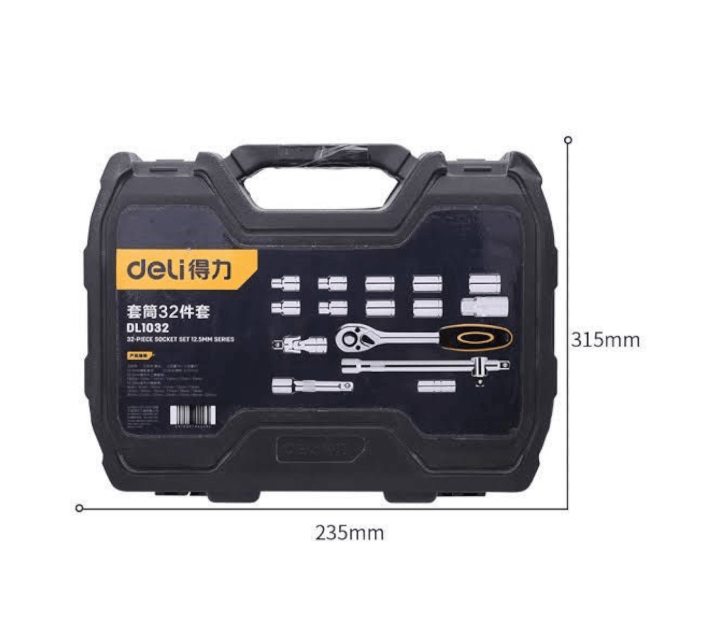 DL1032 1/2” 32Pcs Socket Set Cr-v (DELI) in durable case with dimensions 235mm x 315mm