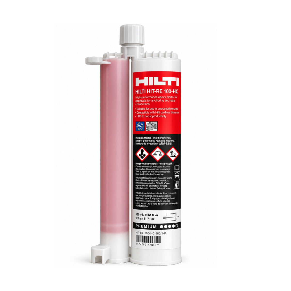 A Hilti HIT-RE 100-HC adhesive compound in a dual-cylinder tube, showing the white plastic casing with a prominent red and black label, alongside the pink-colored compound visible through the clear cylinder, on a white background.
