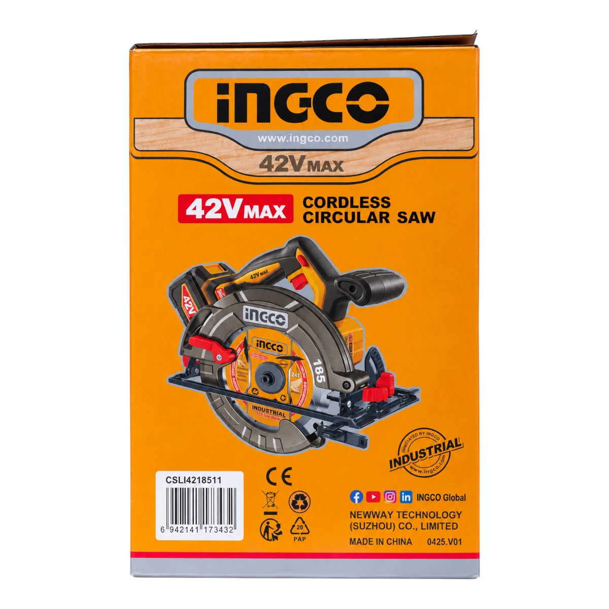 The retail packaging box of an INGCCO 42V Max cordless circular saw, featuring a bright orange background with a graphic of the saw and product specifications.