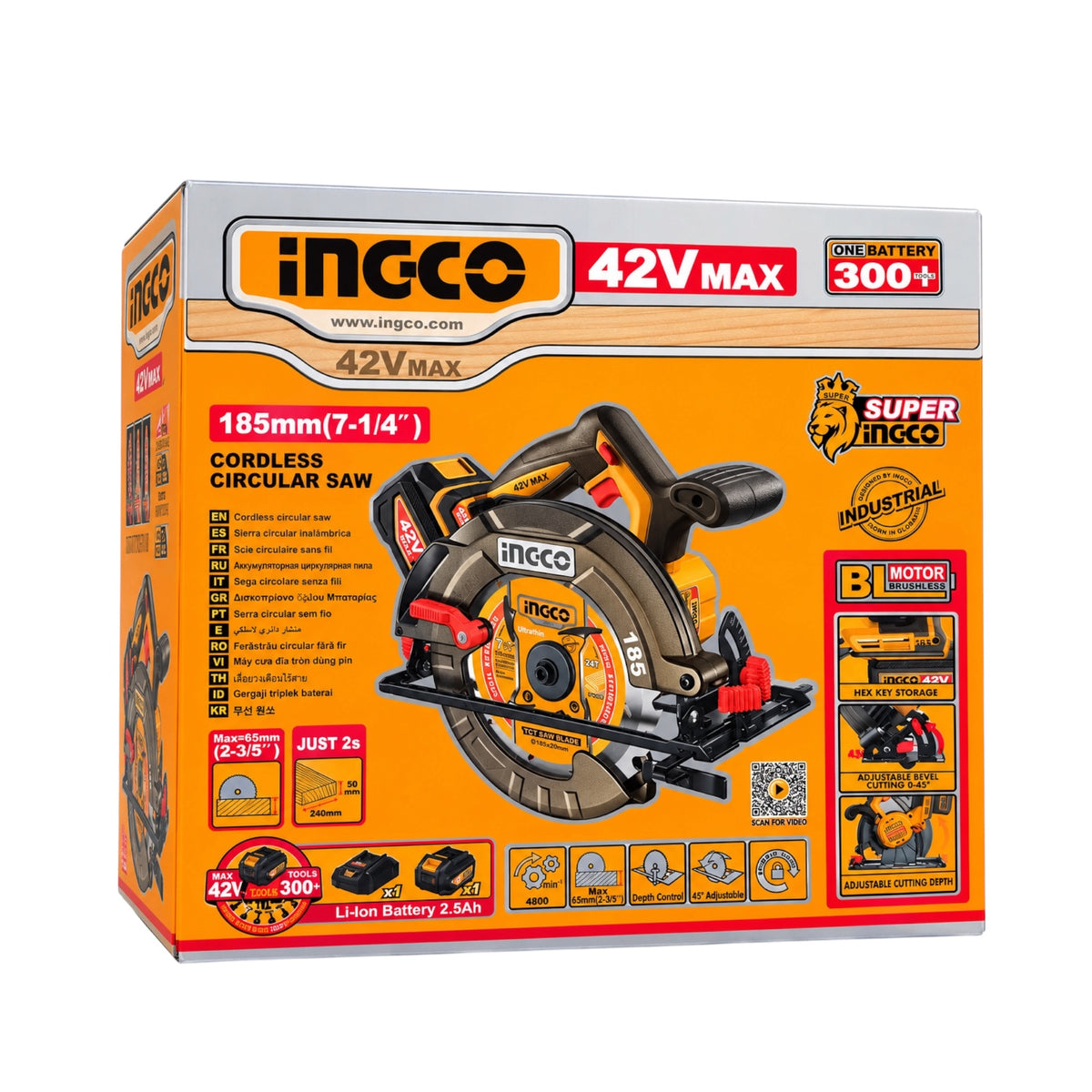 INGCO 42V MAX cordless circular saw retail packaging box, featuring a large illustration of the circular saw on a bright orange and white background with product features and specifications.