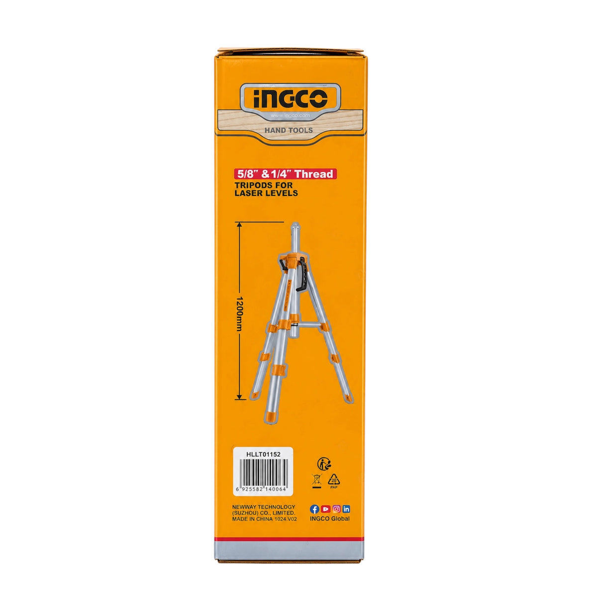 The retail packaging box for an INCCO 5/8" and 1/4" thread tripod for laser levels, shown against a plain white background.