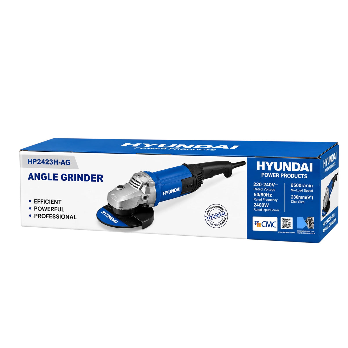 Hyundai HP2423H-AG Angle Grinder retail packaging box, featuring a blue and white design with an illustration of the angle grinder.
