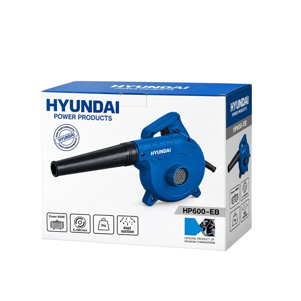 Hyundai HP600-EB cordless leaf blower retail box, featuring a blue and black leaf blower illustration on a white and blue package.