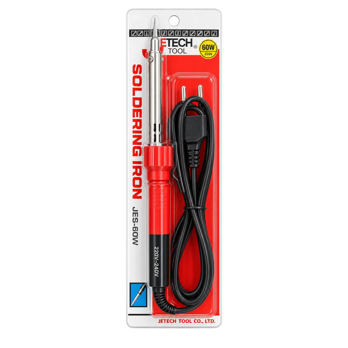 JETECH brand 60W soldering iron in its original retail blister packaging. The soldering iron has a red and black handle with a silver metal tip, and the black power cord is visible inside the clear plastic blister pack alongside the product card.
