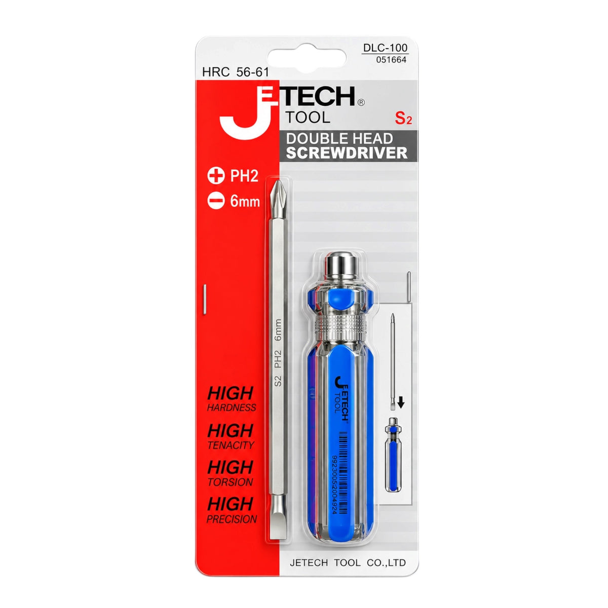 Jetech Tool PH2 Double Head Screwdriver in blue and silver, packaged on a white and red blister card.