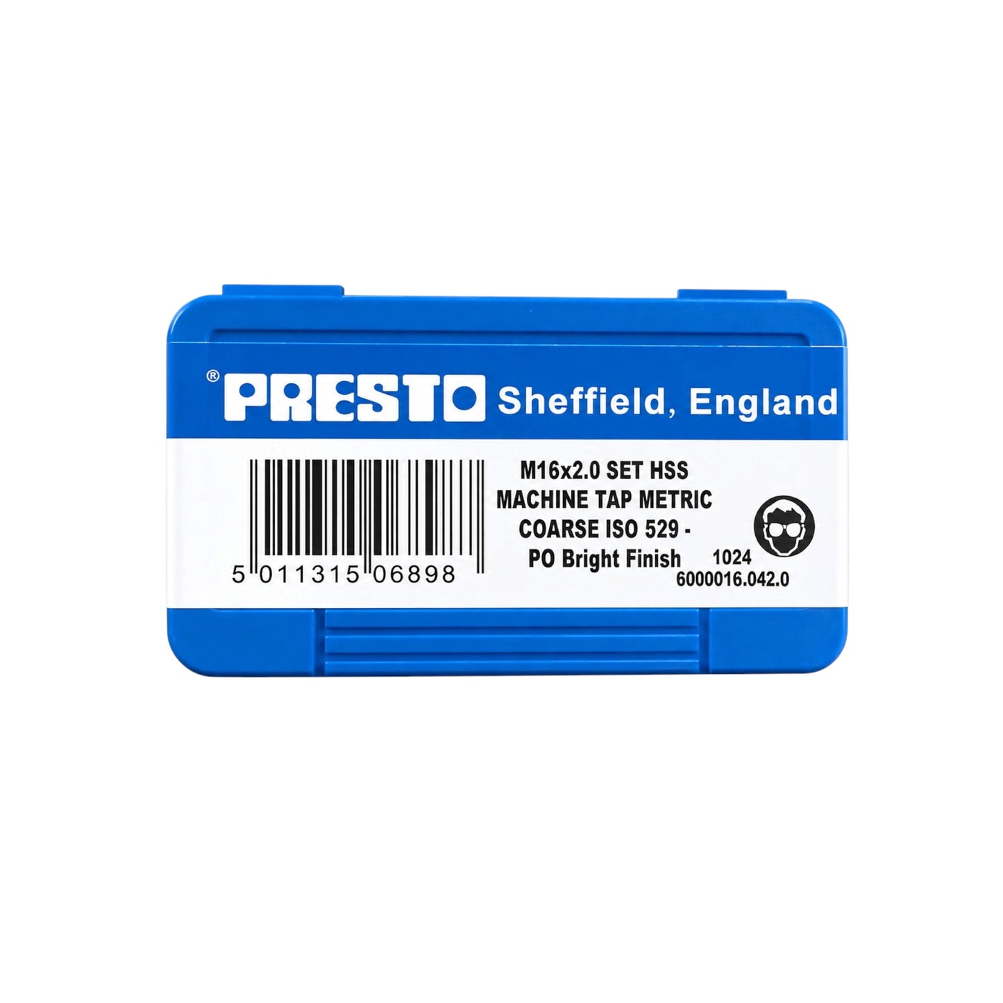 A blue and white Presto machine tap set HSS case, featuring a barcode and product specifications for M16x2.0 coarse ISO 529.