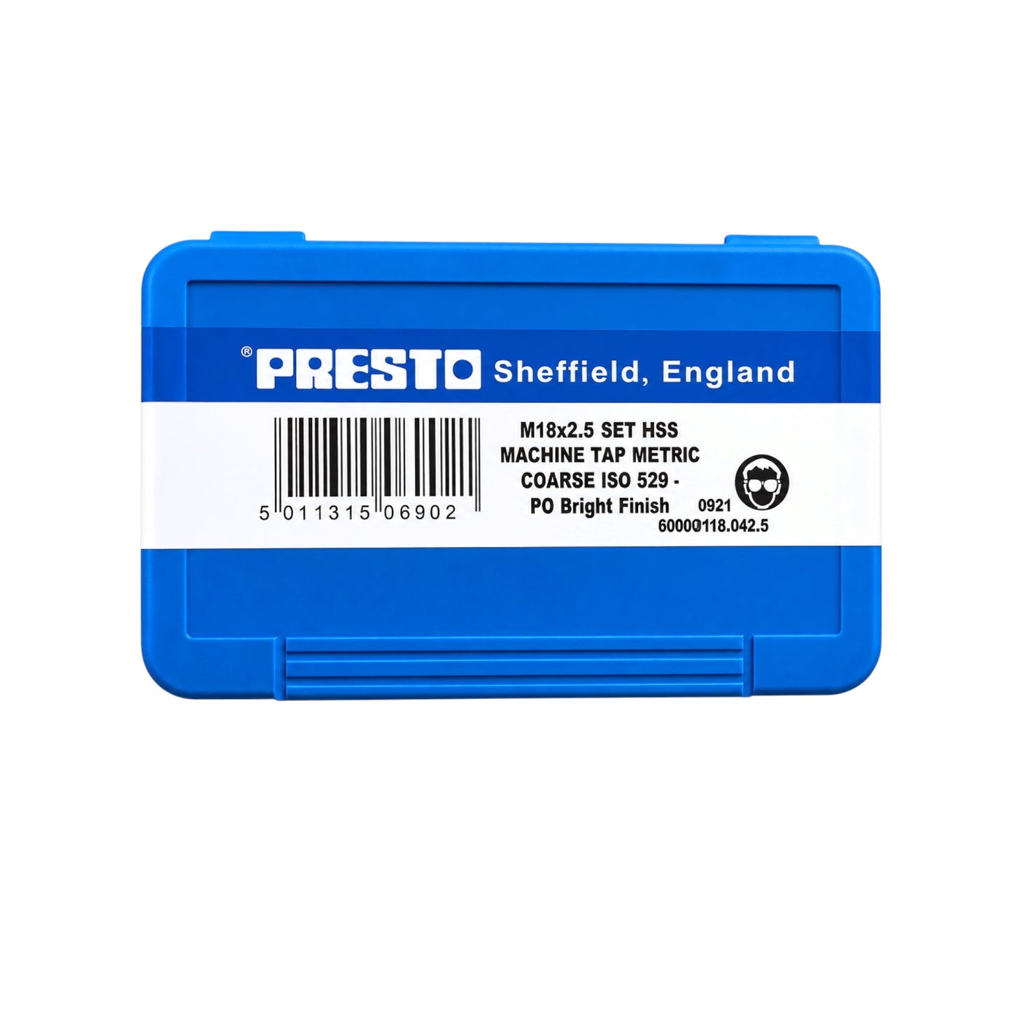 A blue plastic case with a white label reading PRESTO Sheffield, England, shown on a plain white background.