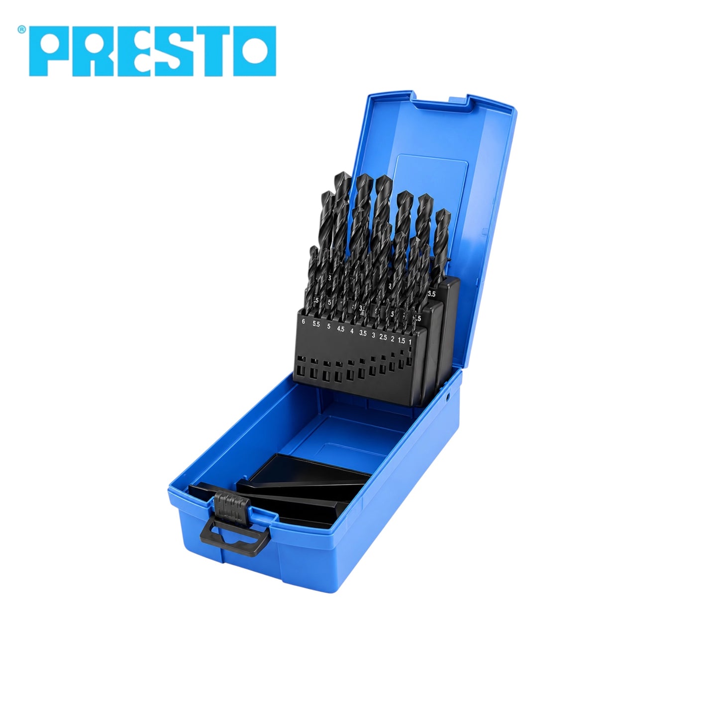 Presto drill bit set in an open blue plastic case, shown on a white background with the Presto logo in the top left corner.