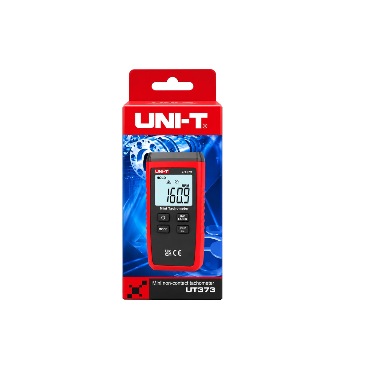 UNI-T UT373 Mini non-contact tachometer in its original retail packaging, featuring a red and blue box with the device pictured on the front.
