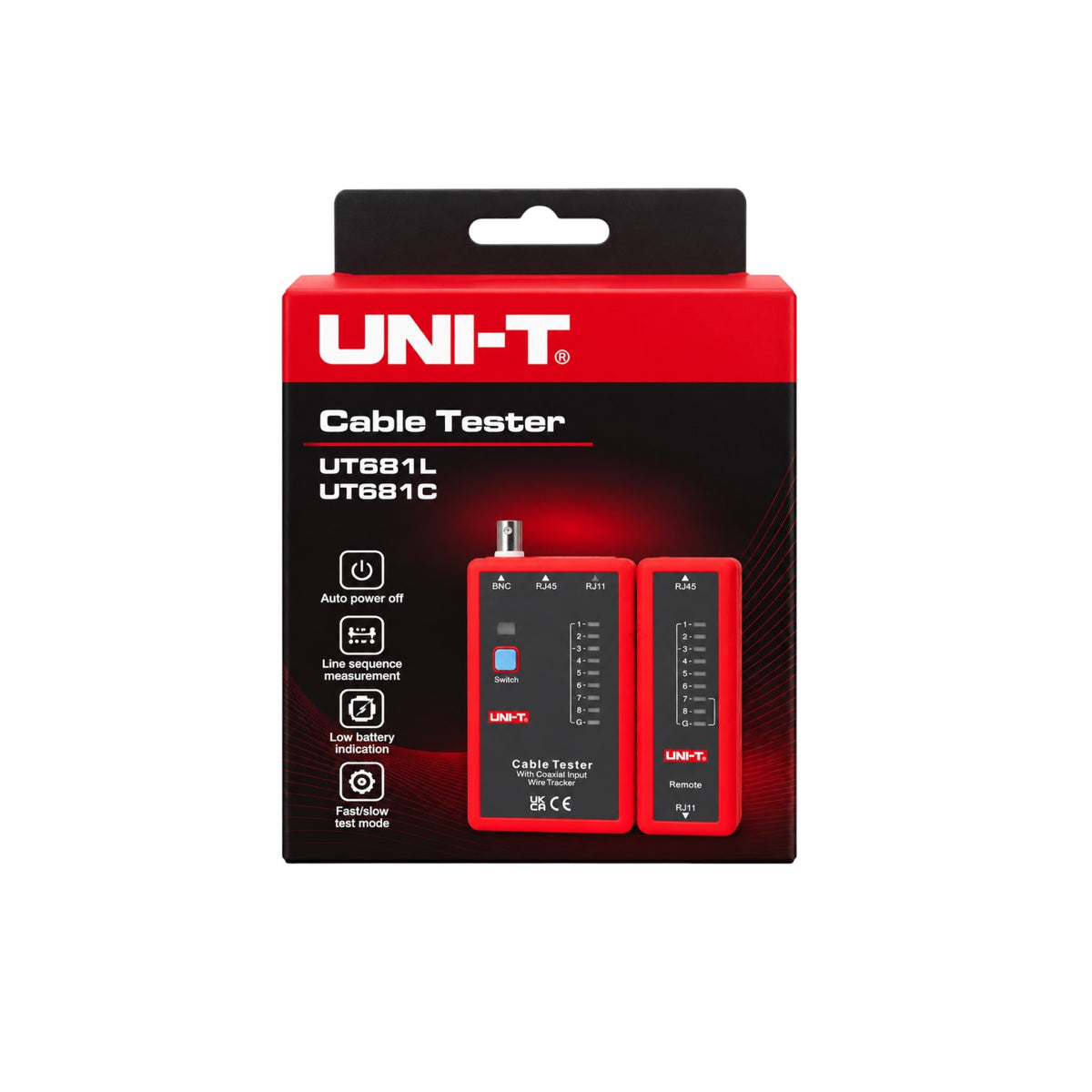 A retail-packaged UNI-T Cable Tester (model UTE81L / UTE81C) featuring two red and black handheld testers inside a black and red cardboard box.