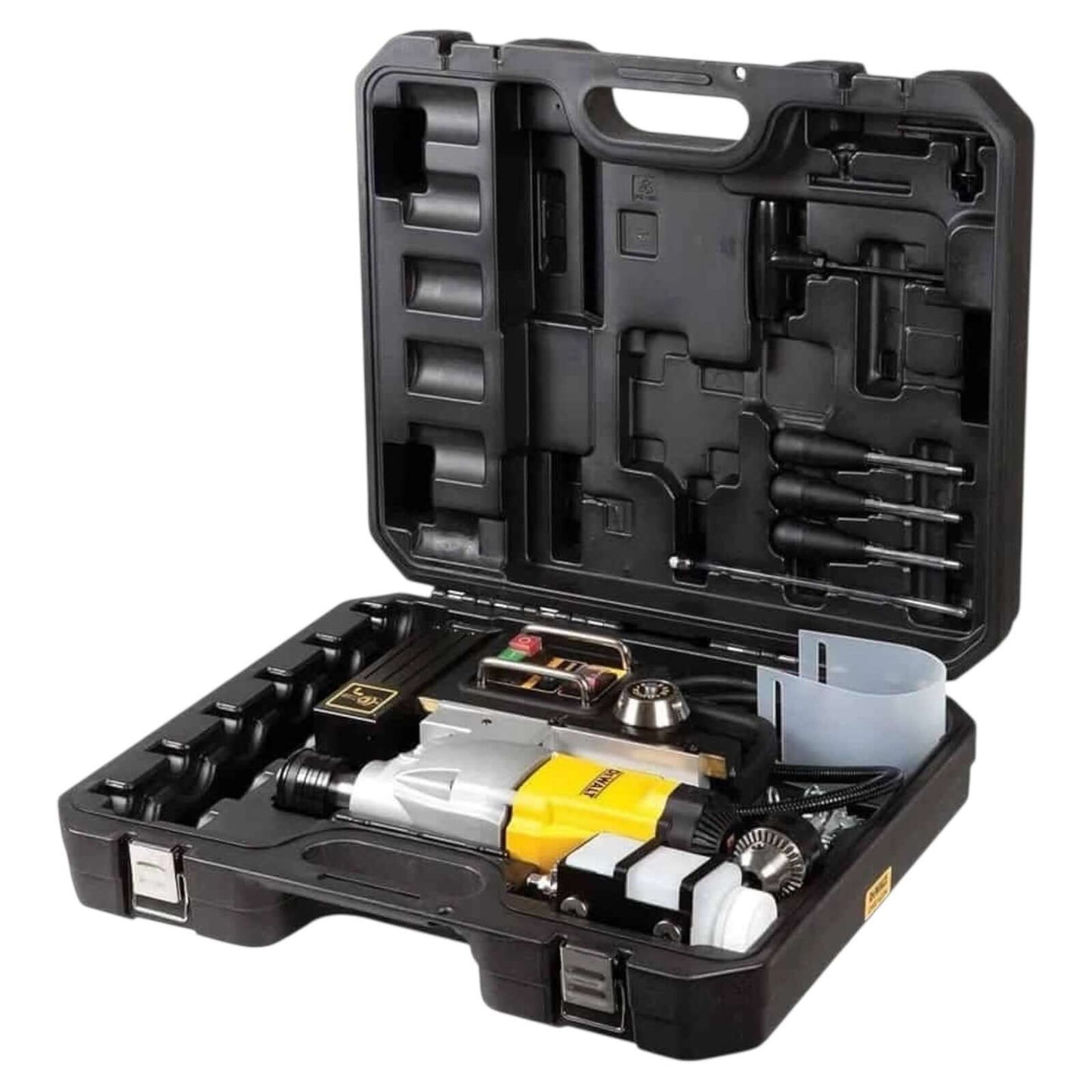 DWE1622K 2 In 2-Speed Magnetic Drill Press (DEWALT) in a protective carrying case with accessories for heavy-duty drilling tasks.