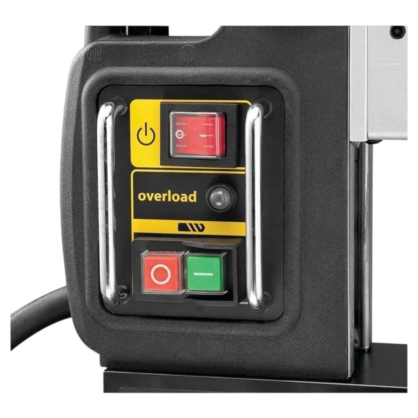 Control panel of the DWE1622K 2 In 2-Speed Magnetic Drill Press (DEWALT) showing overload protection and power switches.