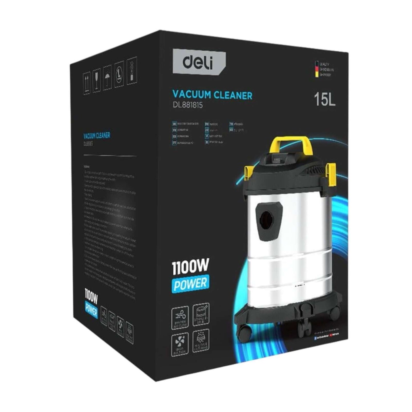 DL881815 Vacuum Cleaner 15L 1100w DELI industrial-grade wet and dry vacuum in packaging with 15L capacity and 1100W motor.