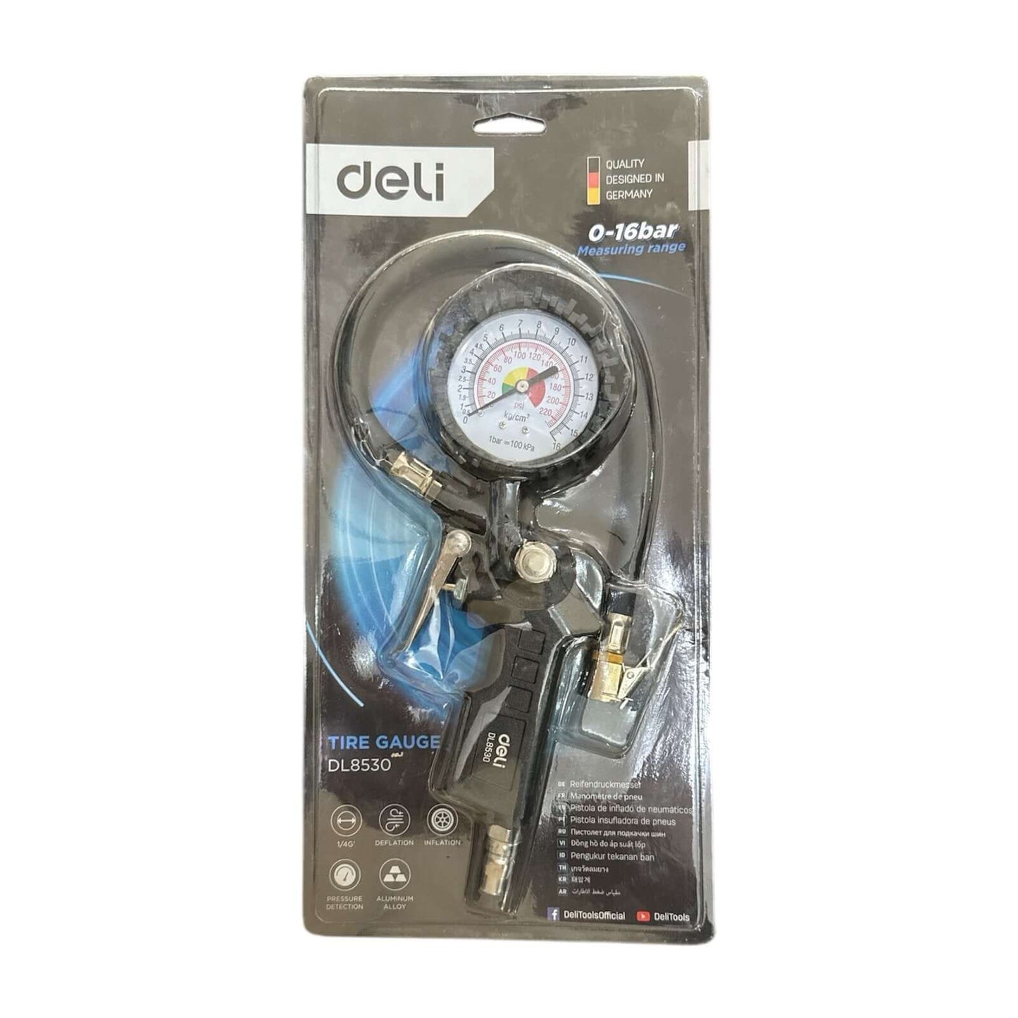 DL8530 Tire Pressure Gauge (DELI) product packaging showing gauge and features for accurate tire pressure readings.