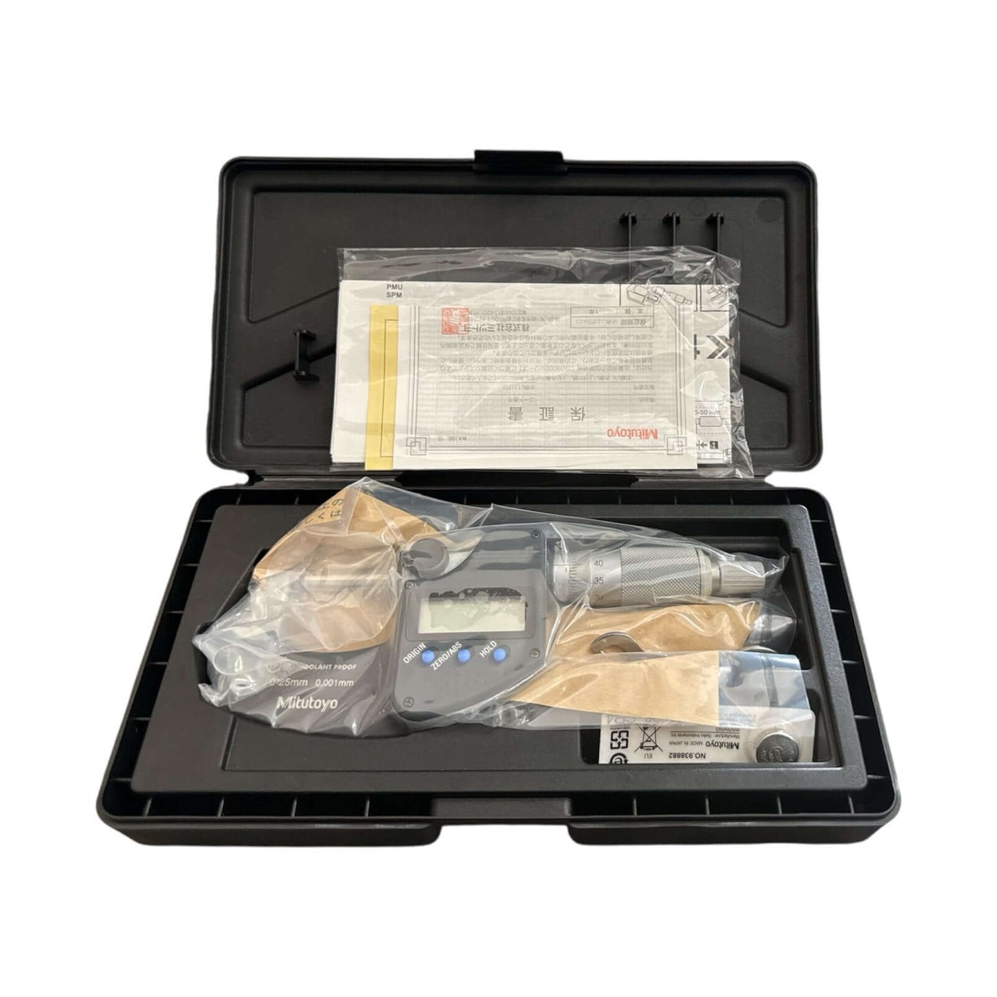 293-240-32 Coolant Proof Digital Micrometer, 0 to 25 mm, 0.001 mm (MITUTOYO) in protective case with instructions