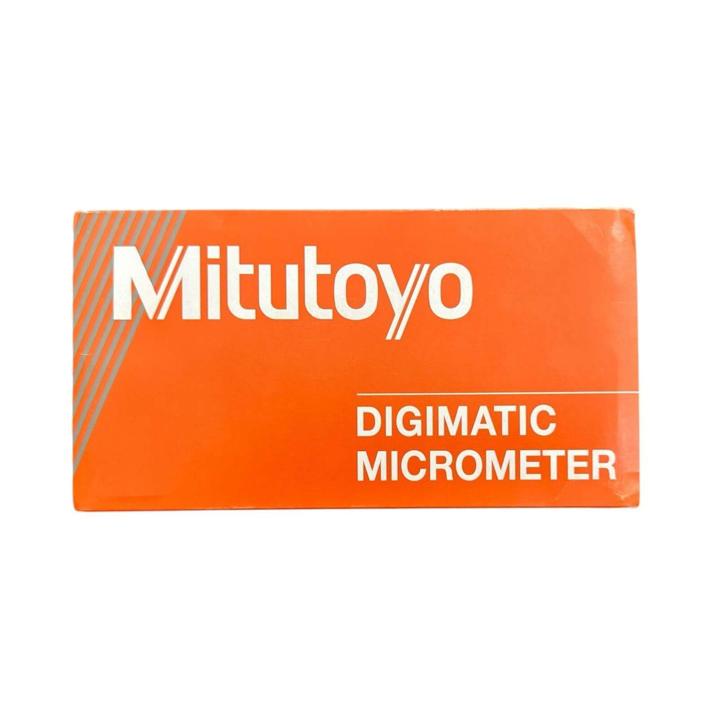 Box of Mitutoyo 293-240-32 Coolant Proof Digital Micrometer, 0 to 25 mm, 0.001 mm (MITUTOYO) with orange and white branding.