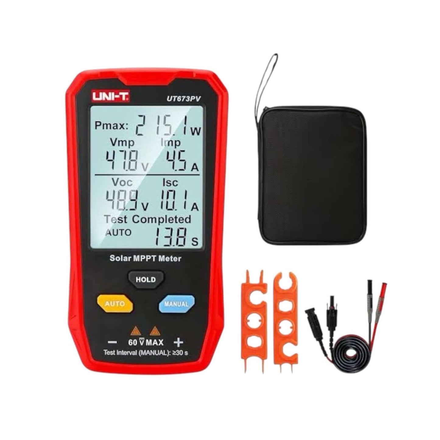 UT673PV Solar Panel Tester, Solar MPPT Meter (UNI-T) diagnostic tool and accessories for photovoltaic system performance.