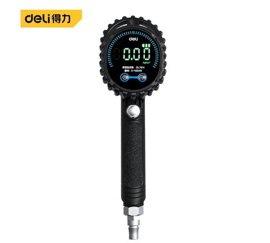 DL7611 Digital Display Tire Pressure Gauge 0.5-10BAR (DELI) showing LCD screen and dark grip